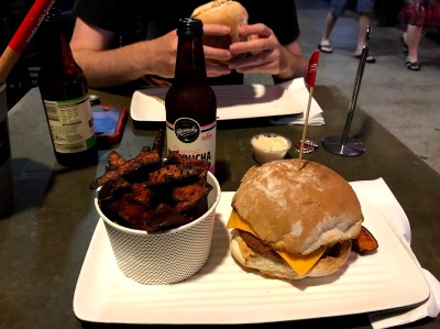 Grill'd vegan cheeseburger and sweet potato wedges