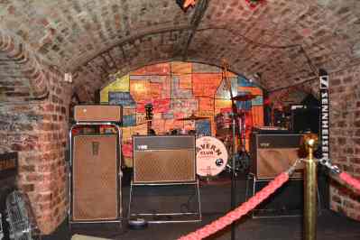 Cavern Club Liverpool interior stage with amps and a drum